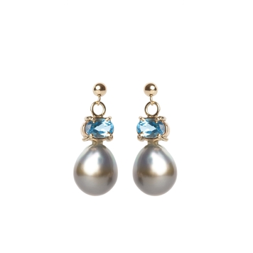Tahitian pearls and blue topaz gold earrings